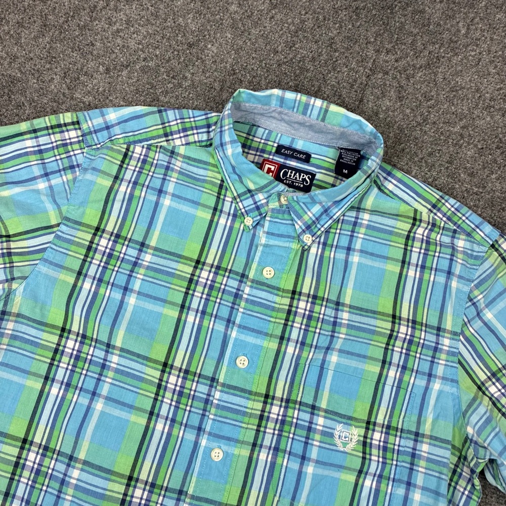 Chaps Mens Size Medium Easy Care Plaid Short Sleeve Button Down Shirt Blue Green
